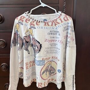 Double D Ranch Cowboy Print Long Sleeve Tee - White and Brown size Medium
